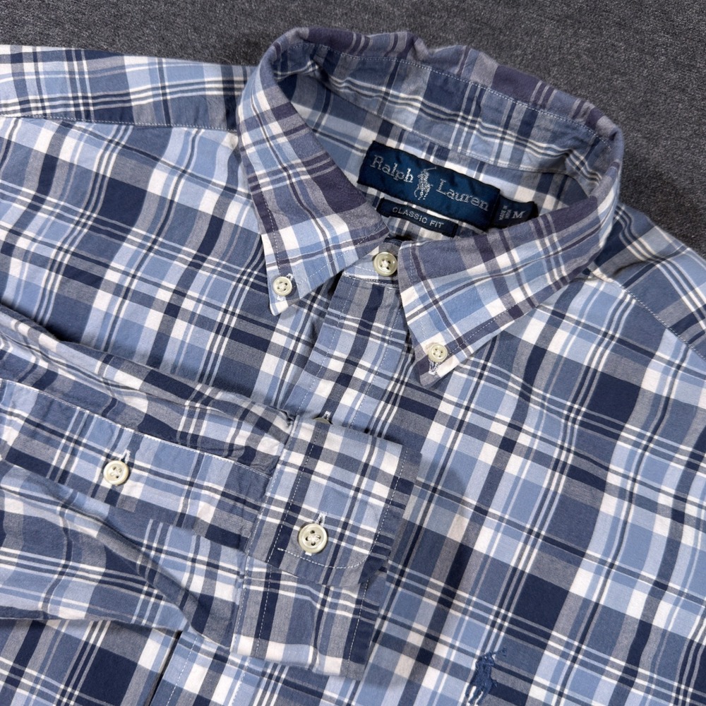 Ralph Lauren Button Down Shirt Mens M Blue Plaid Classic‎ Fit Long Sleeve Cotton